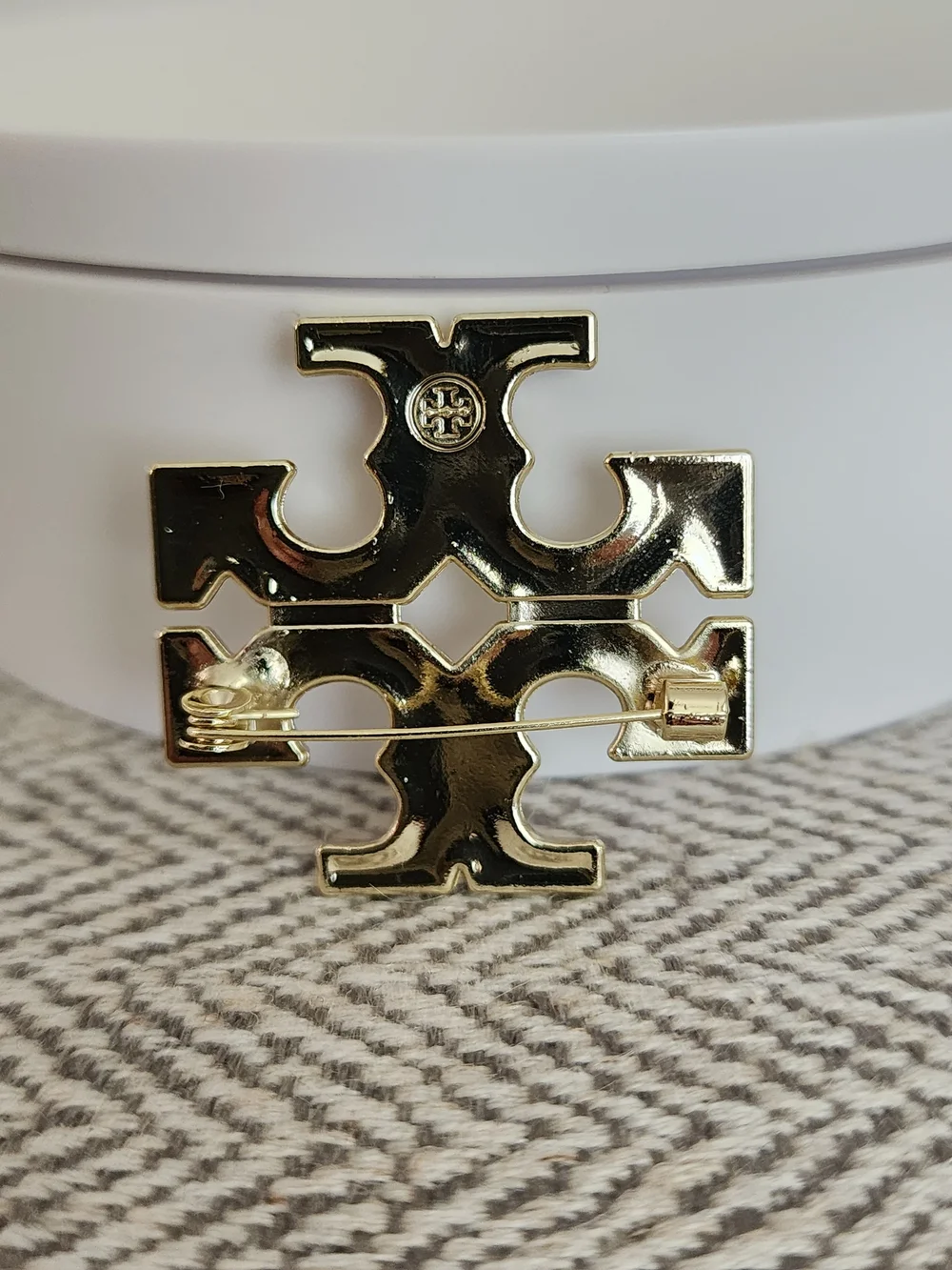 Tory Burch Crystal Logo Brooch - Gold & Clear Rhinestones